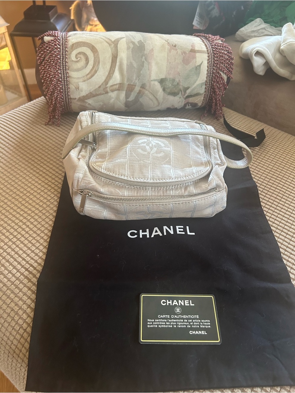CHANEL VINTAGE TRAVEL LINE VANITY BAG BEIGE CC LOGO + DUST BAG & CARD